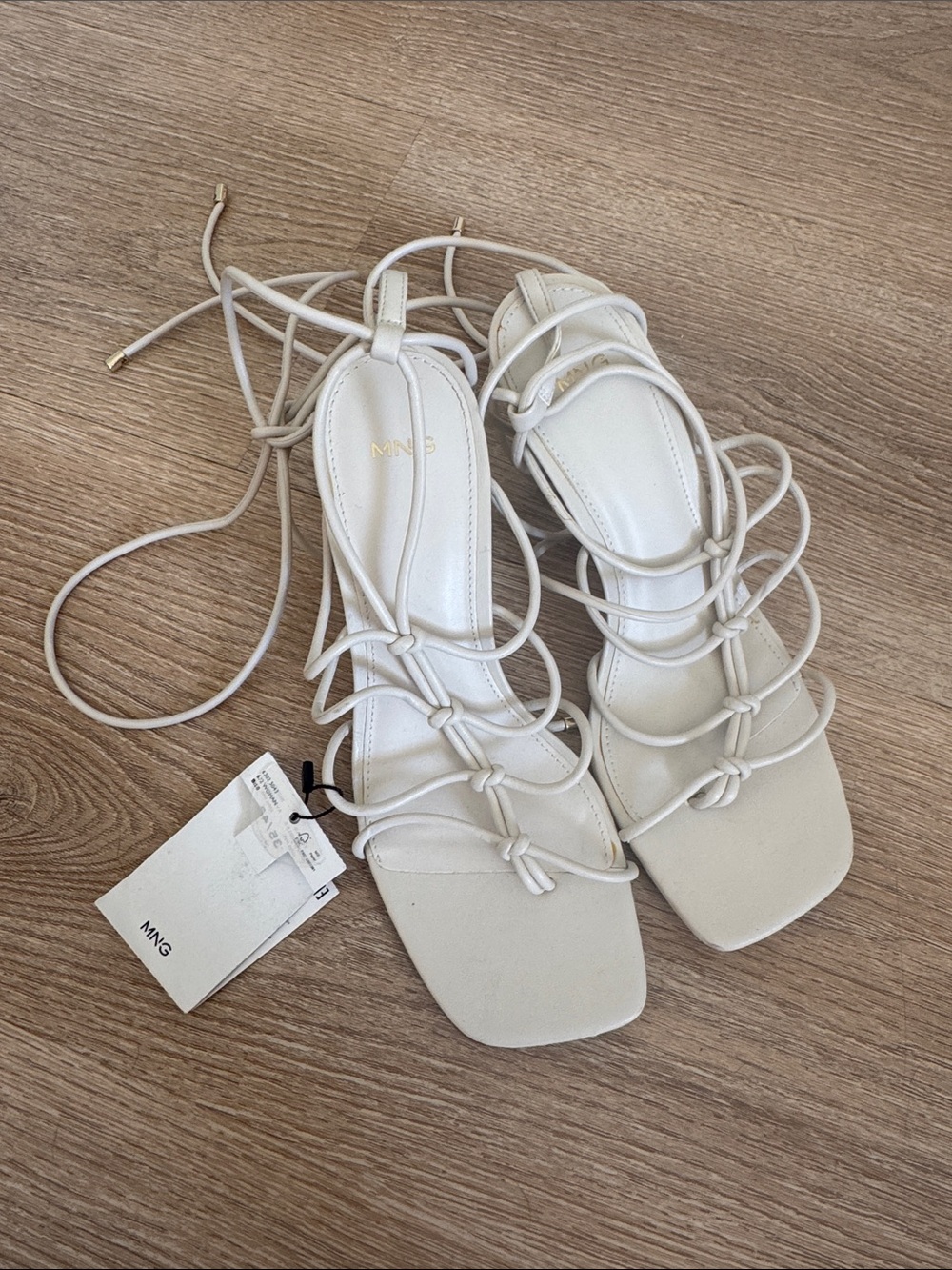 Mango Cream Lace-Up Knotted Strappy Sandals